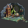 Cartoon Cozy Room With Wooden Shelf Round Window Green Vines Small Table Chair And Potted Plants