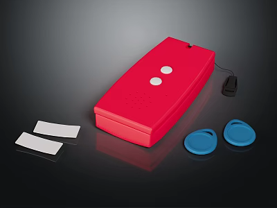 Red Plastic Box With Two White Dots Blue Round Attachments White Rectangles And Black Component 3d model