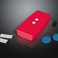 Red Plastic Box With Two White Dots Blue Round Attachments White Rectangles And Black Component 3d model