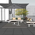 Modern Terrace Garden Featuring Large Umbrella Outdoor Sofa Coffee Table Gray Tiles And Glass Railing