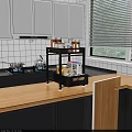 Black Kitchen Storage Rack With Spices Jars On Wooden Countertop In Modern Kitchen
