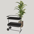 Commercial Utility Cart With Two Tier Shelves Mobile Wheels And Potted Plant