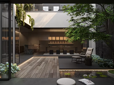 Modern Garden Landscape Design With Wooden Deck Greenery Water Feature And Glass Walls 3d model