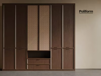 Poliform Dark Brown Wooden Wardrobe With Rattan Panel And Drawer Storage 3d model