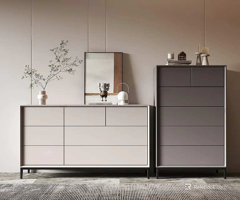 Modern Console And Side Cabinet Design With Mirror Vase And Decorative Drawers 3d model 