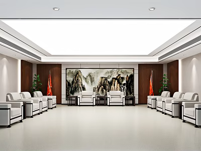 Hotel Public Lounge Area With Comfortable Sofas Decorative Painting Green Plants And Modern Design 3d model