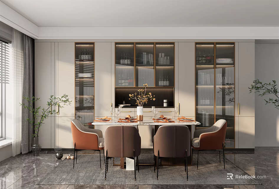 Modern Dining Room Wine Cabinet With Glass Doors Decorative Items And Chairs Around Table 3d model 
