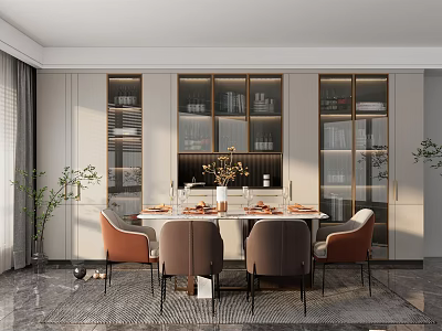 Modern Dining Room Wine Cabinet With Glass Doors Decorative Items And Chairs Around Table 3d model