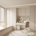 Bright Study Room Interior With White Blinds Light Cabinets Writing Desk And Padded Bench 3d model