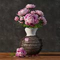 Elegant Ornament Set With Pink Peonies In White Brown Woven Vase And Fallen Petals