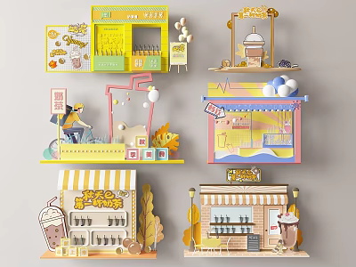Colorful Cartoon Style Small Shop Models Including Drink And Dessert Stores With Decorations 3d model