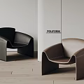 POUFORM Modern Leather Leisure Chairs Black and Brown with Curved Design Stitching Details Wooden Floor