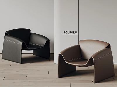 POUFORM Modern Leather Leisure Chairs Black and Brown with Curved Design Stitching Details Wooden Floor 3d model