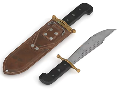 Tactical Weapon Knife With Black Handle Brown Leather Sheath And Gold Accents 3d model
