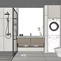 Modern Bathroom Interior Design With Glass Shower Toilet Washing Machine And Vanity