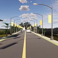 Road Infrastructure Featuring Street Lamps Yellow Banners Sidewalks Palm Trees And Green Grass