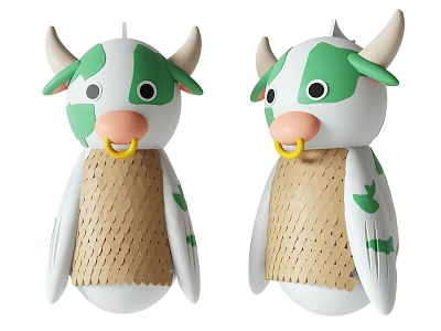 Green And White Cow Dolls Featuring Horns Pink Nose Yellow Ring And Woven Texture Body 3d model
