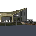 Waterfront Wooden Villa With Large Glass Windows Sloped Roof Wooden Deck And Water Reflection