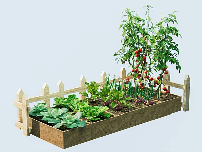 Raised Vegetable Garden Bed With Wooden Picket Fence And Fresh Tomato Plants 3d model