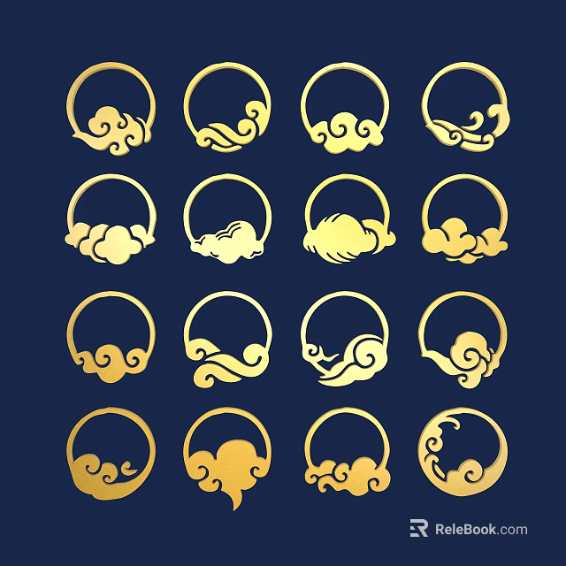 Traditional Golden Cloud Carvings With Circular Patterns On Dark Blue Background 3d model