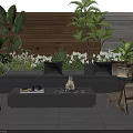 Outdoor Sofa Area with Fire Pit Coffee Table Lush Plants Rattan Chairs and Wooden Wall