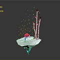 Fox Standing On Floating Ice Island With Birch Trees And Falling Snowflakes