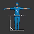 Surgeon in Blue Scrubs With Arms Outstretched by White Table and Medical Equipment