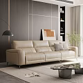 Modern Beige Leather Three Seater Sofa In Living Room With Wooden Wall And Floor Lamp