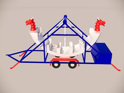 Dragon Decorated Mobile Structure with Metal Frame Wheels and Blue Box 3d model