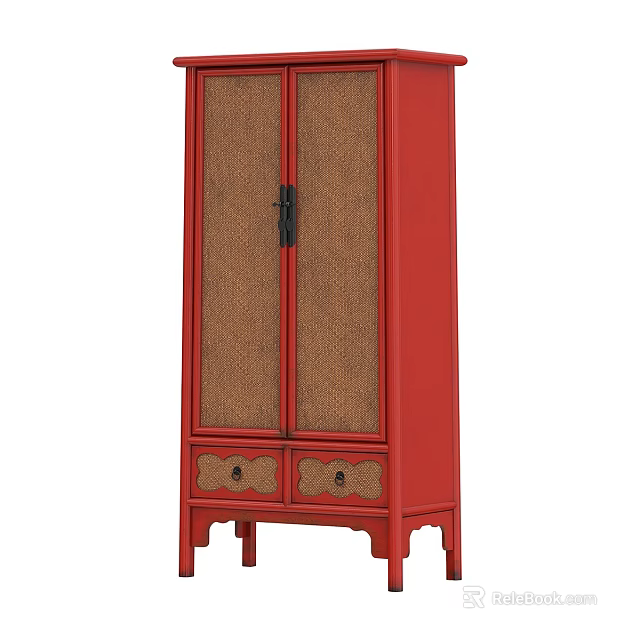 Traditional Style Red Double Door Wardrobe With Woven Texture Cabinet Doors And Bottom Drawers 3d model 