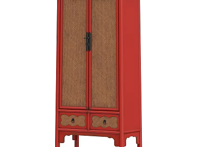 Traditional Style Red Double Door Wardrobe With Woven Texture Cabinet Doors And Bottom Drawers 3d model