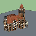 Historic Building Exterior With Red Brick Walls Spire Tower Clock And Arched Windows