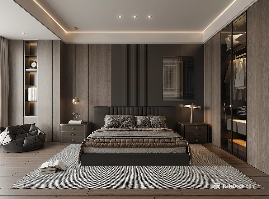 Modern Bedroom Interior With Wooden Paneling King Bed Nightstands And Area Rug 3d model 