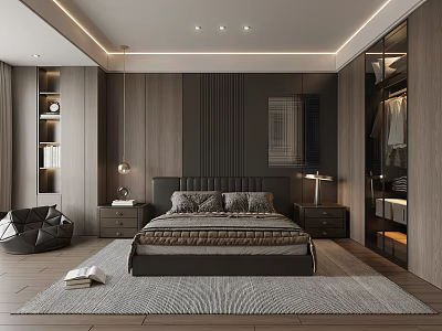 Modern Bedroom Interior With Wooden Paneling King Bed Nightstands And Area Rug 3d model