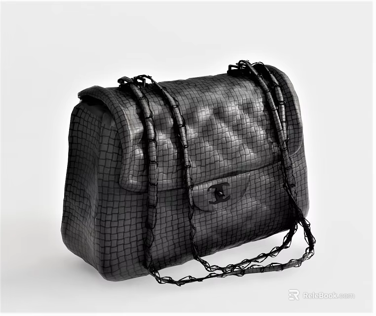 Black Crocodile Texture Handbag With Chain Strap And Metal Clasp Design 3d model 