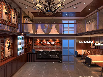 Elegant Wedding Dress Shop Interior Featuring Chandelier And Displayed Wedding Dresses On Counter 3d model