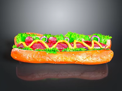 Delicious Hot Dog With Fresh Lettuce Red Onions Ketchup Mustard And Soft Bun 3d model