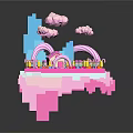 Colorful Cartoon Scene With Pink Platform Blue Building Rainbow Clouds And Candy Decorations