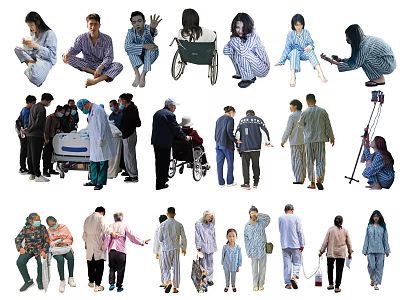 People Including Medical Staff And Patients With Wheelchair Stretcher And Hospital Gowns 3d model