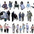 People Including Medical Staff And Patients With Wheelchair Stretcher And Hospital Gowns