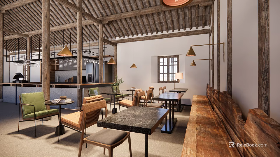 Traditional Chinese Cafe Interior With Wooden Structure Tables Chairs Bench Windows And Pendant Lights 3d model 