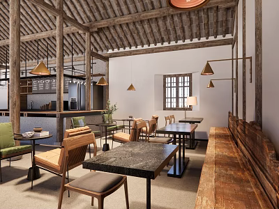 Traditional Chinese Cafe Interior With Wooden Structure Tables Chairs Bench Windows And Pendant Lights 3d model