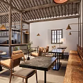 Traditional Chinese Cafe Interior With Wooden Structure Tables Chairs Bench Windows And Pendant Lights
