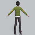 A man in green cardigan white shirt brown pants brown shoes with arms outstretched