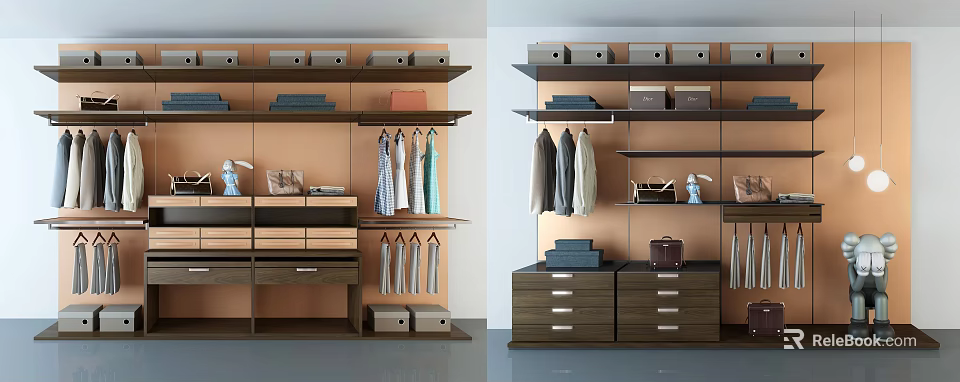 Modern Wardrobe Interior With Shelves Drawers Hangers Storage Boxes And Clothes 3d model 