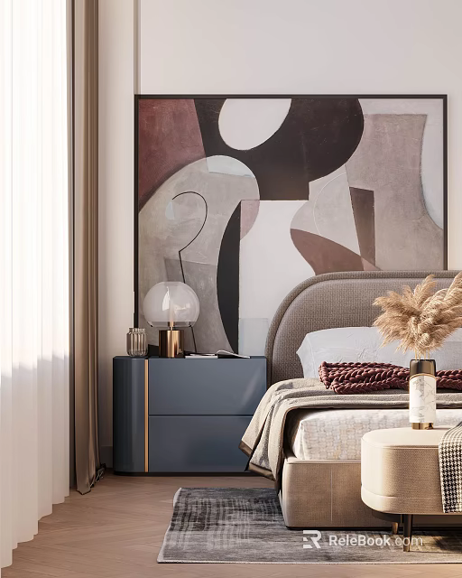 Modern Bedroom Interior With Abstract Art Wall Headboard And Bedside Lamp 3d model 