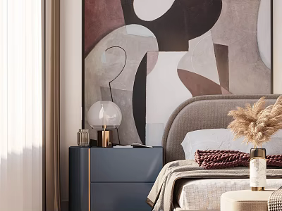Modern Bedroom Interior With Abstract Art Wall Headboard And Bedside Lamp 3d model