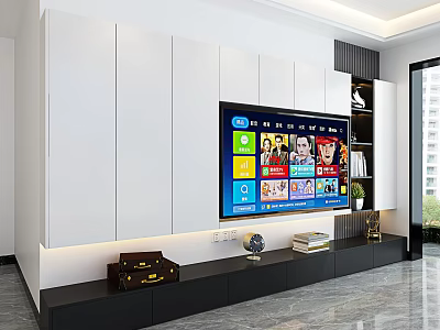 Modern TV Cabinet With White Cabinetry Black Countertop Large Screen TV And Decorative Items 3d model