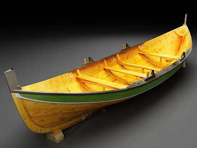 Yellow Wooden Canoe With Green Edge And Wooden Seats On Stand 3d model