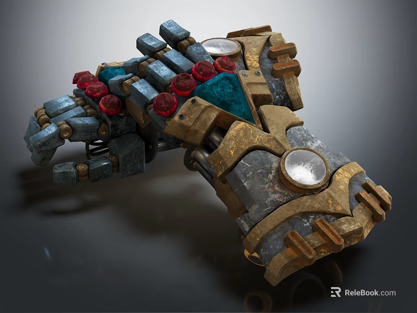 Detailed Mechanical Glove With Metallic Structure Red Gemstones Golden Components And Blue Accents 3d model 